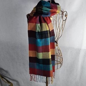 Cashmere Blend Italy Design Multicolor Block Fringed Scarf Buttery soft!